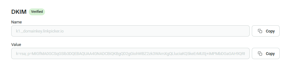 Email domain authentication: DKIM section showing “Verified” status, with fields for “Name” and “Value”—each containing long strings—plus a “Copy” button next to each field.