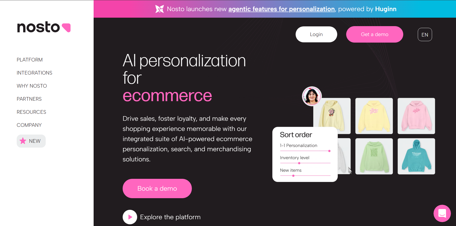 Best ecommerce personalization software: Nosto website homepage with AI personalization for ecommerce message, a Book a demo button, clothing images, and navigation menu on the left.