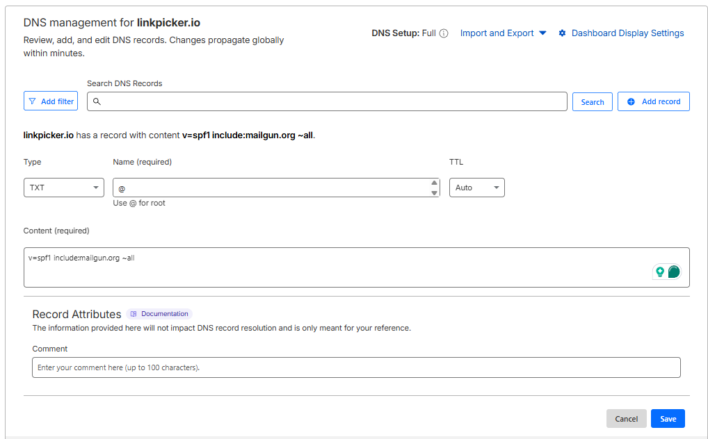 Email domain authentication: DNS management interface for linkpicker.io, showing a TXT record with the value v=spf1 include:mailgun.org ~all. Options to edit, add, and search records are visible. A comment field and Save button are at the bottom.