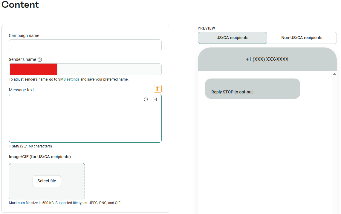 SMS flow: A user interface for composing SMS campaigns, showing fields for campaign name, sender’s name, message text, and image upload. A phone preview displays a sample message with a reply STOP to opt-out option.