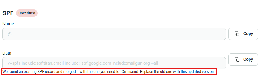 Email domain authentication: A web form for SPF setup shows a warning: “We found an existing SPF record and merged it with the one you need for Omnisend. Replace the old one with this updated version.”.