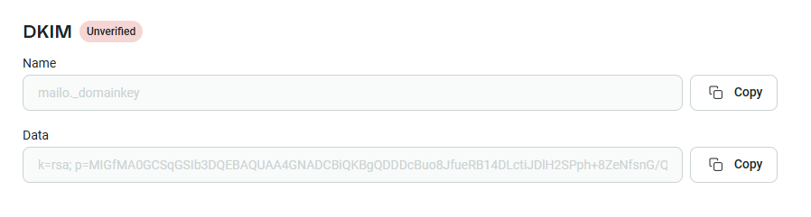 Email domain authentication: A DKIM setup screen shows Unverified status, fields for Name and Data, and Copy buttons next to each field containing a domain key and a long encrypted DKIM value.