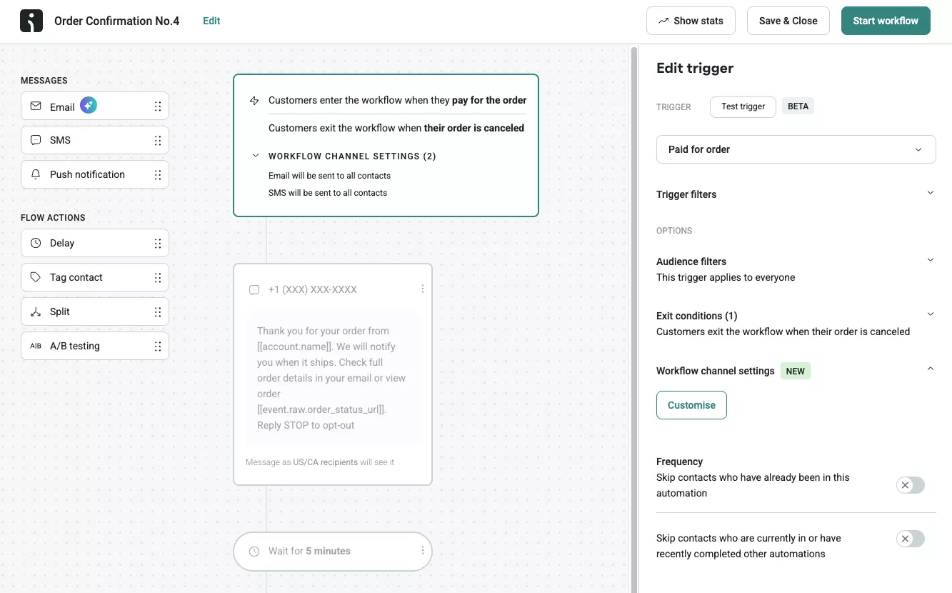 SMS flow: A workflow editor for an order confirmation system, showing steps for sending an email and SMS when an order is paid. An Edit trigger panel is open, detailing trigger settings for Paid for order.