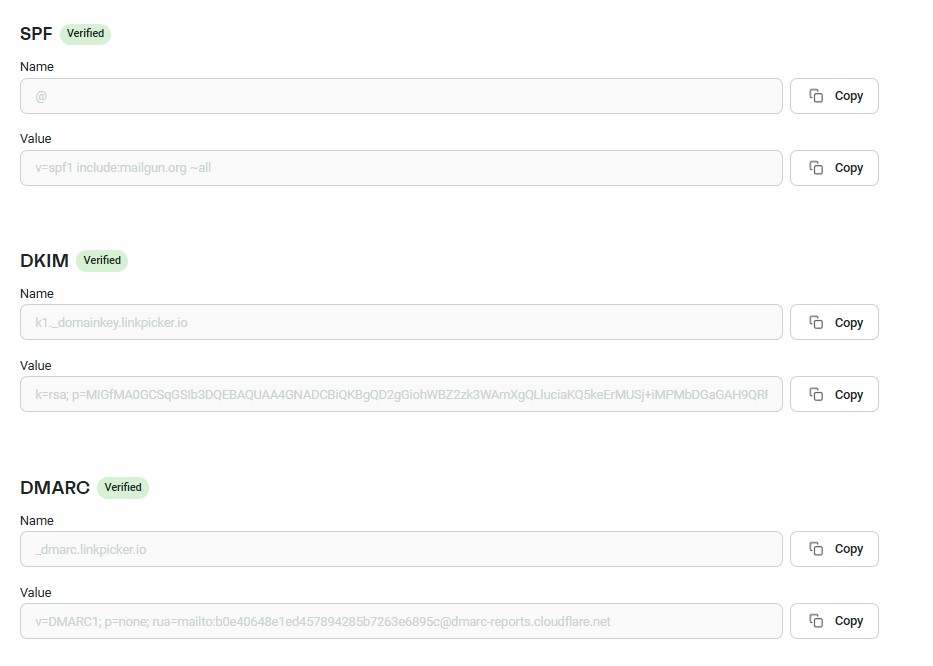 Email domain authentication: Screenshot of email DNS settings showing SPF, DKIM, and DMARC records, each with their names and values displayed, and a “Copy” button next to each value field. Some fields are partially filled out.