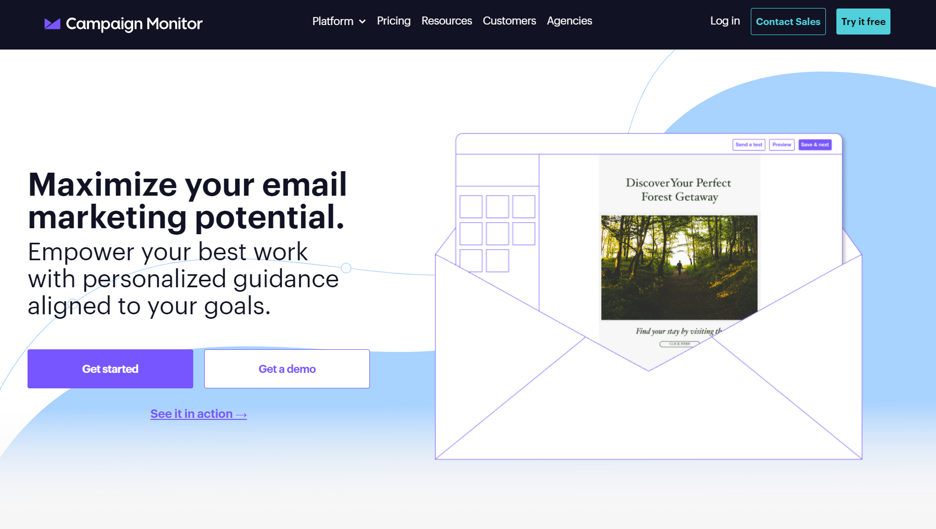 Nonprofit email marketing: Campaign Monitor homepage showing an envelope illustration with a sample email, bold text promoting email marketing, and purple buttons labeled Get started and Get a demo for new users.