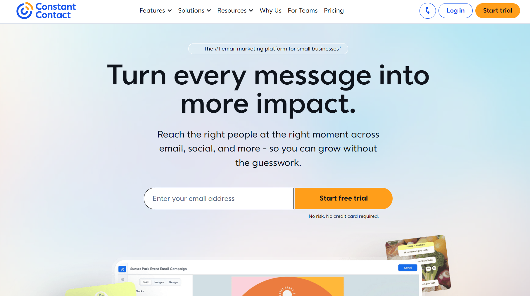 Nonprofit email marketing: Screenshot of Constant Contacts homepage, featuring a headline about impactful email marketing, a call-to-action for a free trial, an email input field, and navigation links for features, pricing, and more.