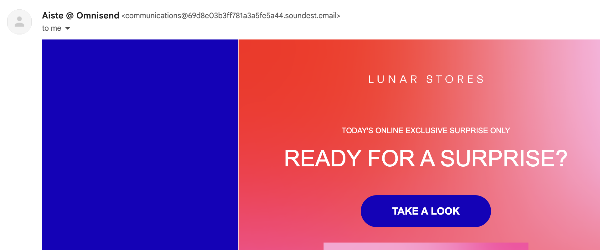 Email domain authentication: An email from Lunar Stores with bold text saying, “Ready for a surprise?” and a blue button labeled “Take a look” on a pink and red gradient background.