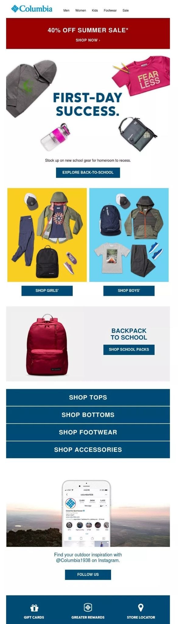 Back to school email subject lines: Columbia back-to-school sale ad with backpacks, clothes for girls and boys, and discount offers. Includes navigation links, product categories, and a section for following Columbia on Instagram.