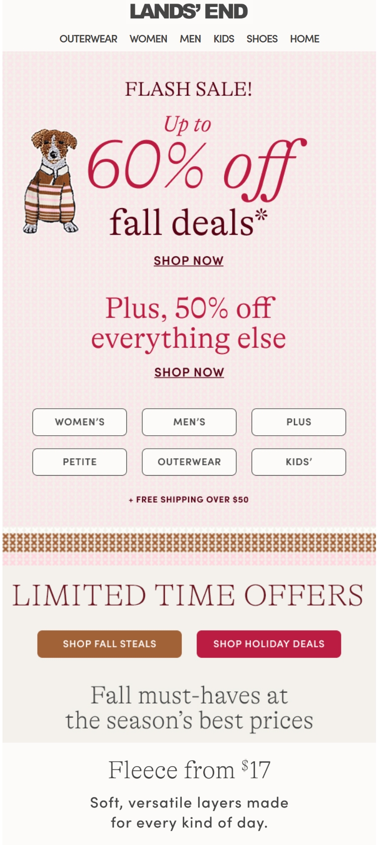 Fall email subject lines: Lands End sale ad with a dog in striped pajamas, offering up to 60% off fall deals and 50% off everything else, plus limited time offers and fleece from $17.
