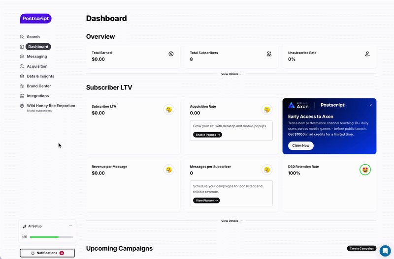 Omnisend vs Postscript: A dashboard interface for Postscript shows navigation on the left, summary statistics at the top, subscriber LTV metrics in the center, and an Axon Early Access promo card on the right. Upcoming Campaigns appears below.