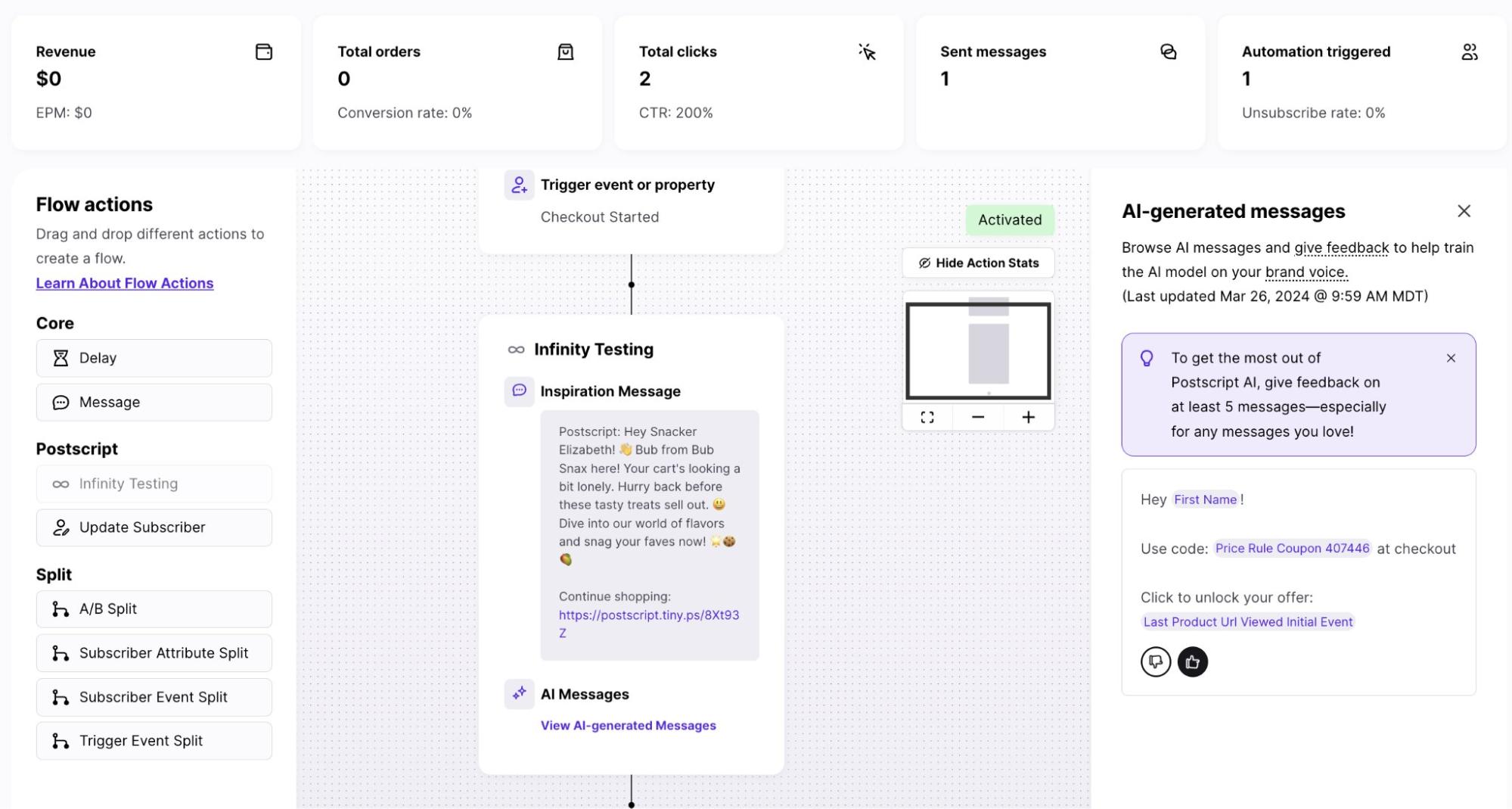 Omnisend vs Postscript: Dashboard displaying analytics and automation for an online store, including metrics for revenue, orders, clicks, and messages. A flowchart shows a triggered message sequence with AI-generated customer messages.