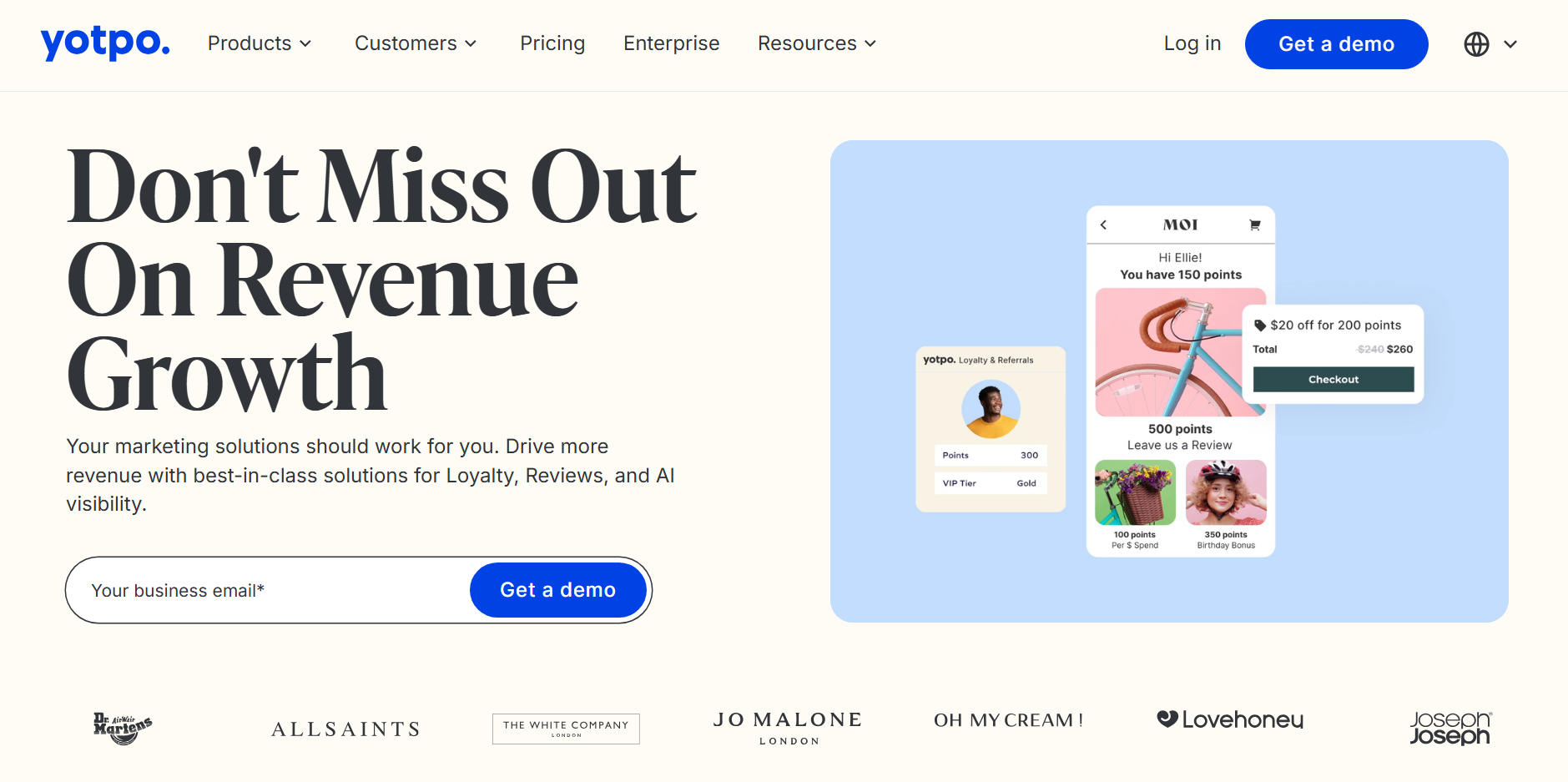 Best ecommerce personalization software: Yotpo website homepage showing Dont Miss Out On Revenue Growth text, a customer demo form, and a mobile app screen highlighting reward points. Navigation and brand logos are at the top and bottom.