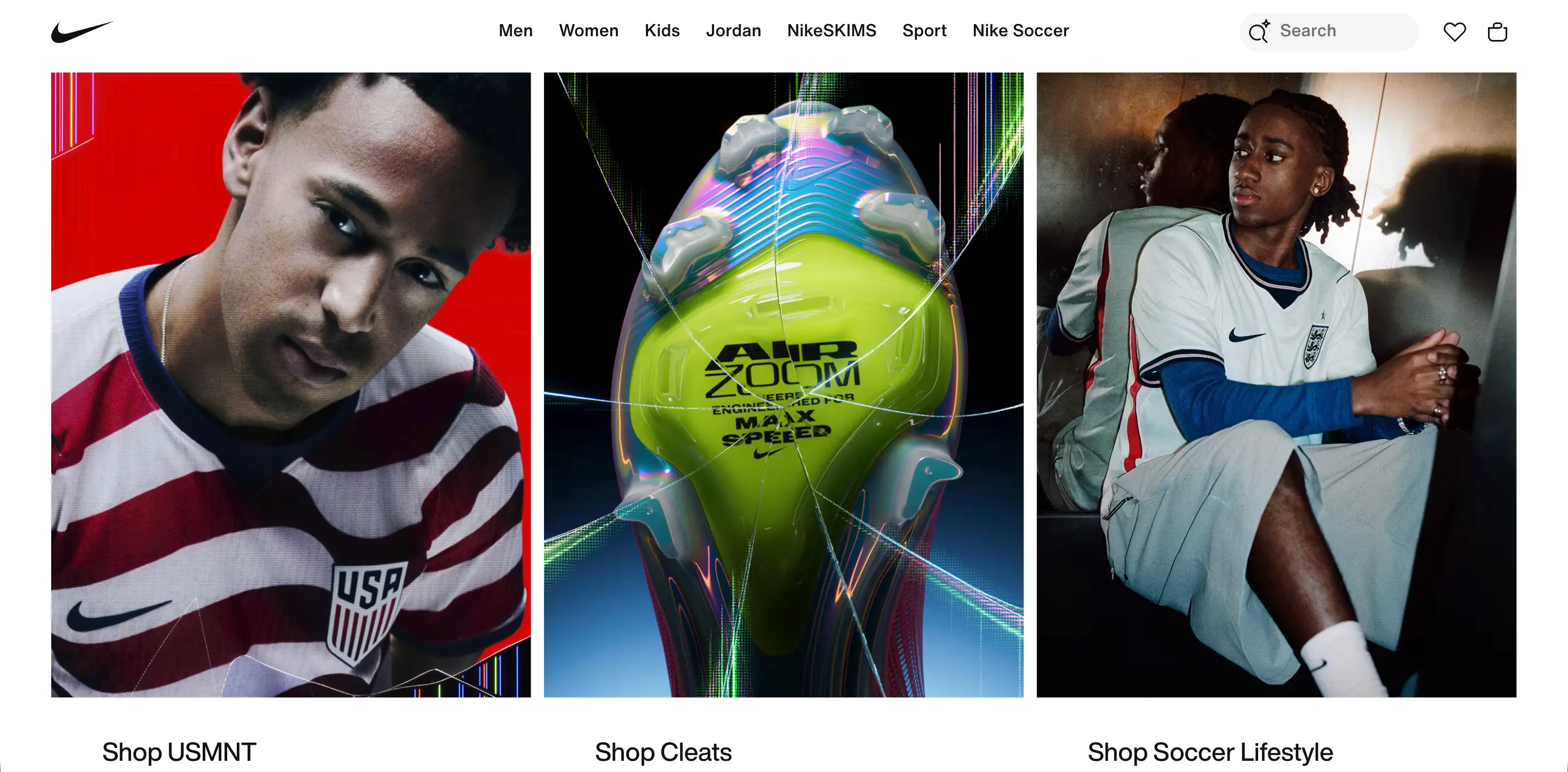 Three Nike home page images: a USMNT player, a close-up of a green soccer cleat, and a player in white soccer apparel.
