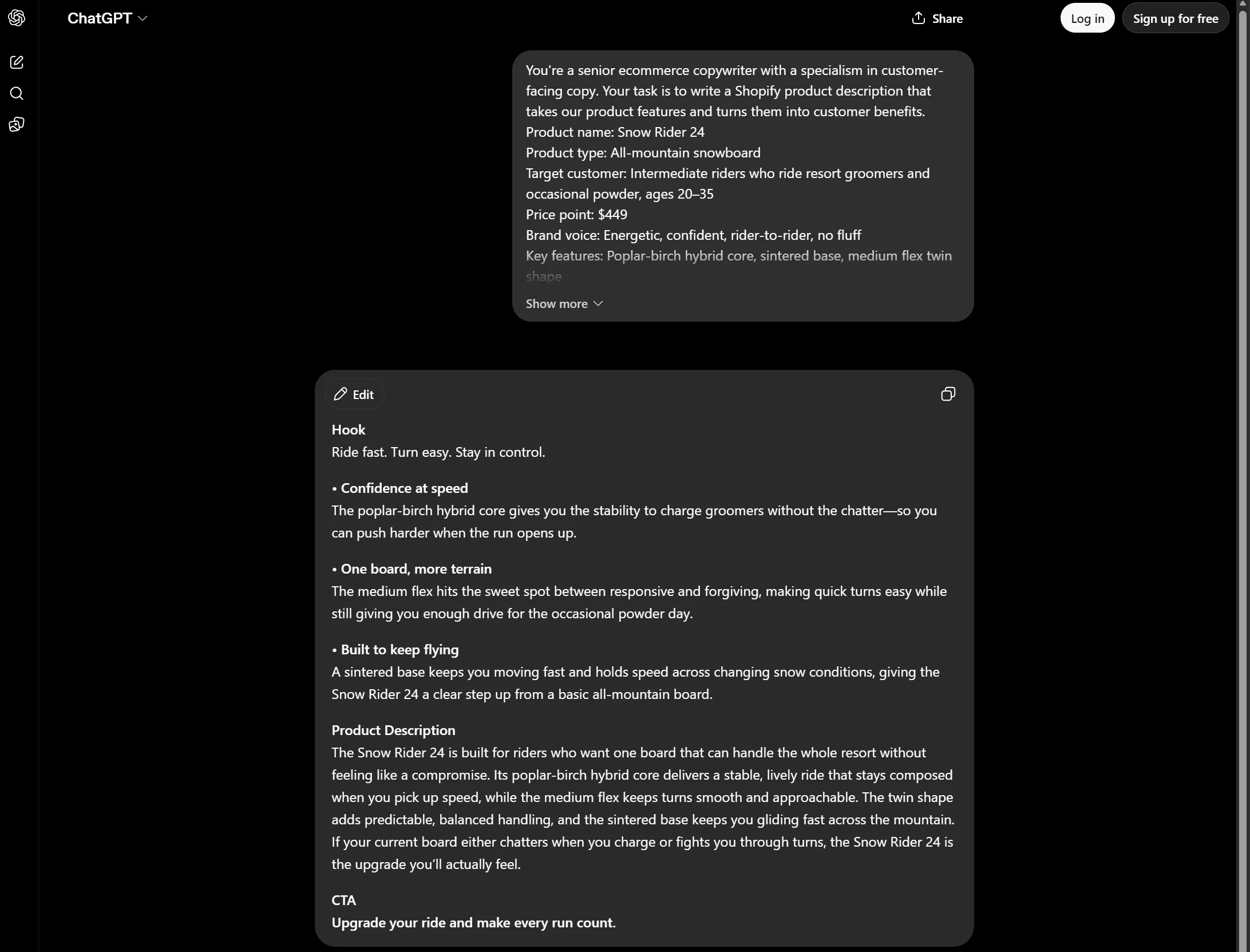 ChatGPT prompt for Shopify that asks for a Shopify product description that takes the features and turns them into customer benefits.