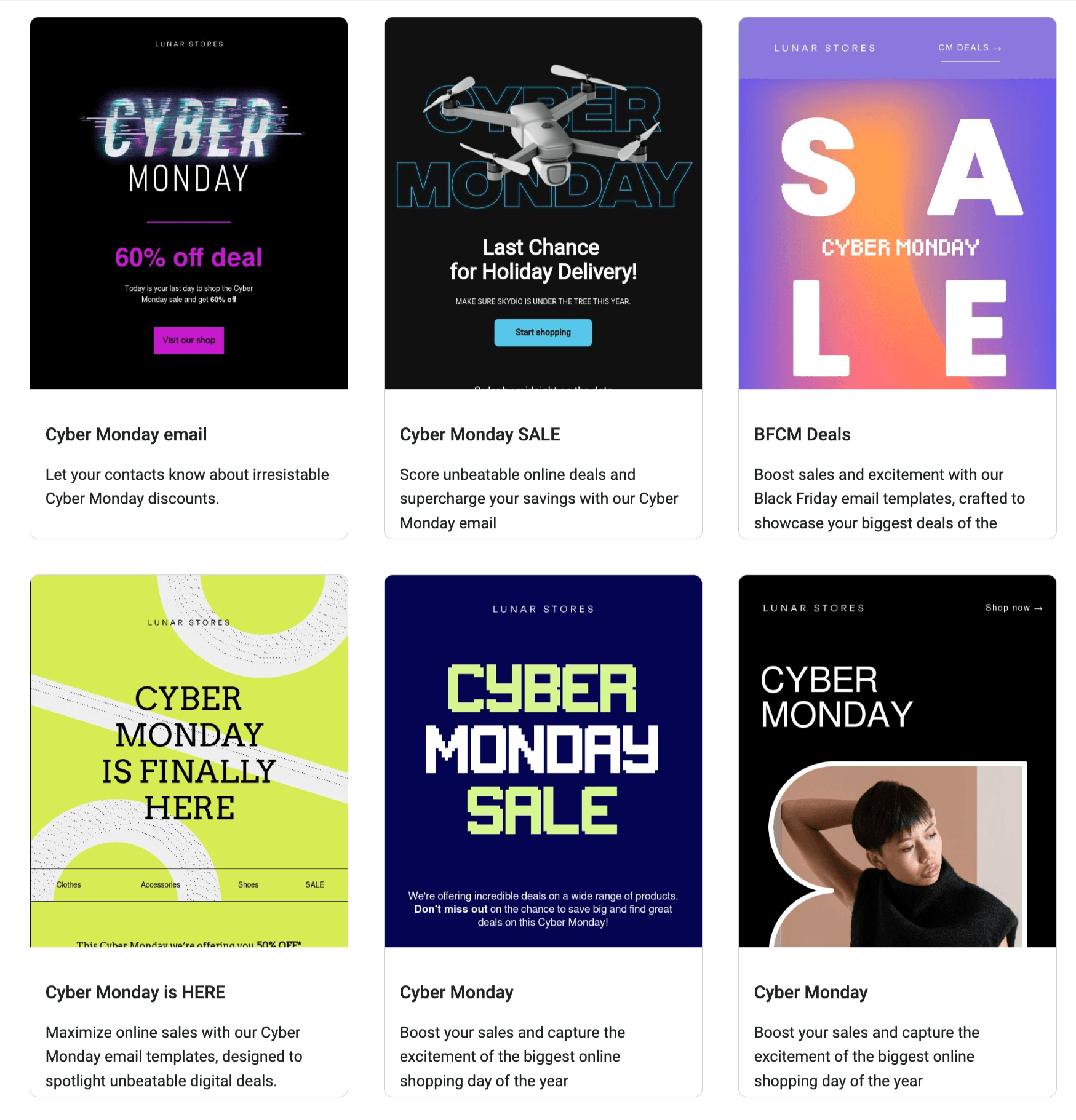 Cyber Monday email examples: A collage of six Cyber Monday promotional ads with bold text, bright colors, and images, highlighting sales, discounts, and shopping offers for the event.