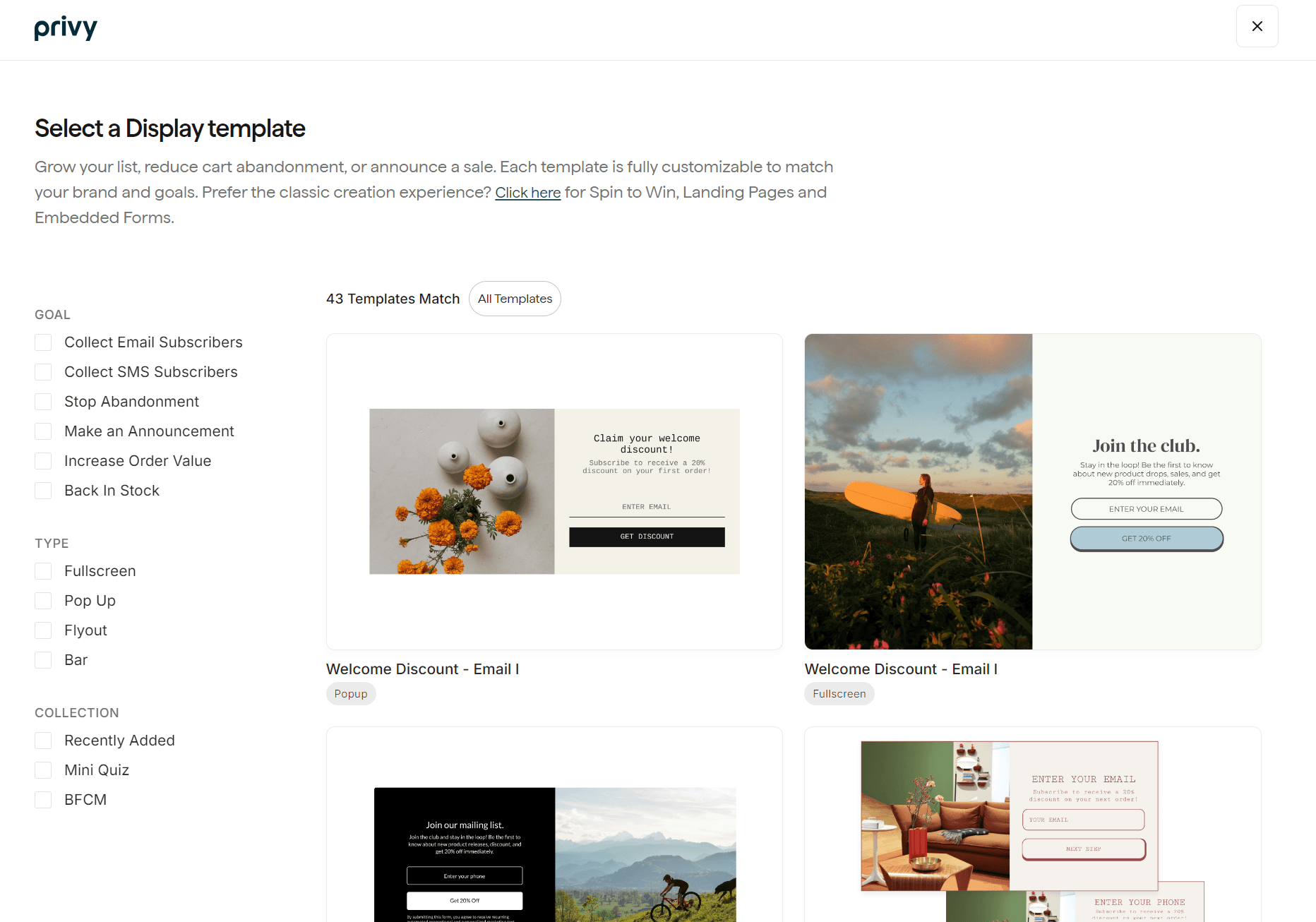 Klaviyo vs Privy: A webpage shows template options for display popups, with preview images and filter options on the left. Two example templates titled Welcome Discount - Email are displayed in the center.