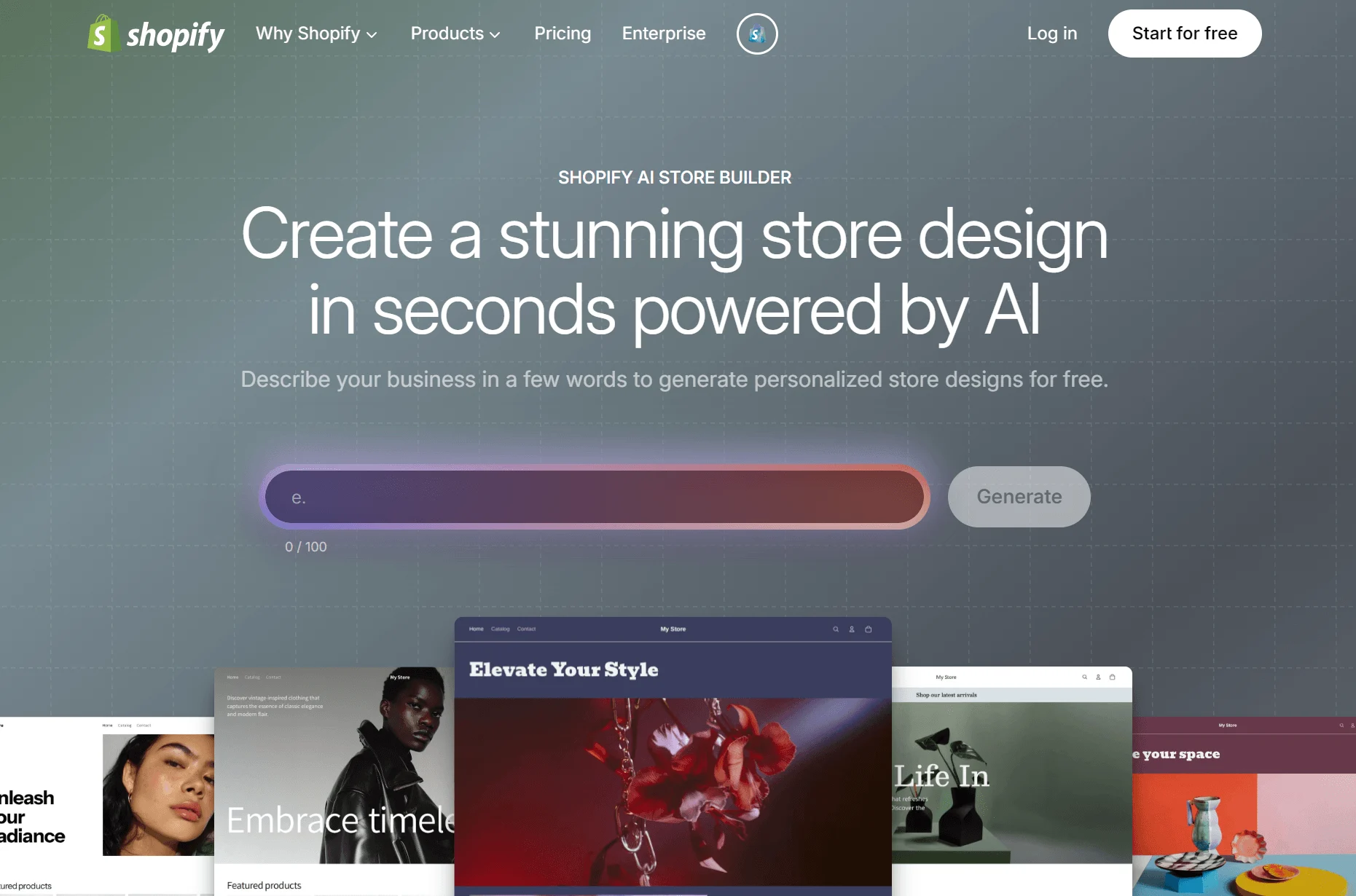 Shopify AI Store Builder homepage with search bar and sample online store designs displayed at the bottom.