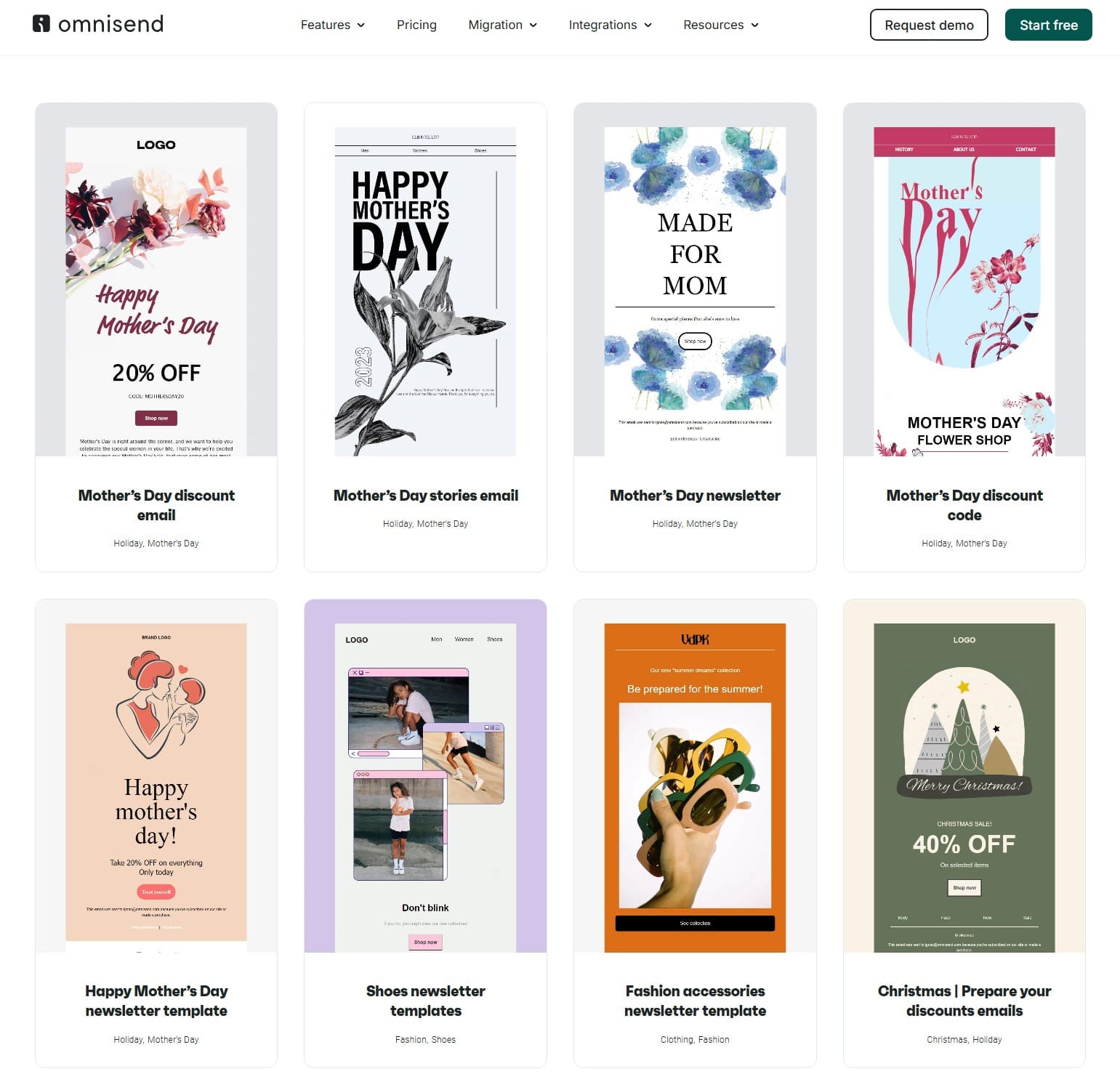 Gamification email marketing: A webpage displays ten colorful email templates for various occasions like Mothers Day, Christmas, shoes, and fashion, each featuring vibrant images, text, and shop discount offers. Omnisend logo and navigation menu appear at the top.