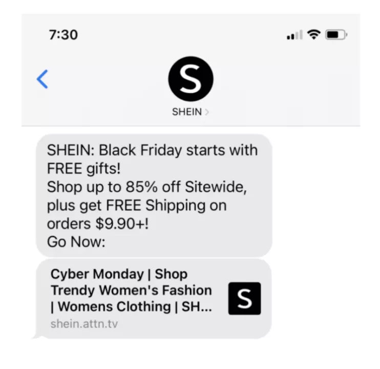 Black friday SMS: A phone screen shows a SHEIN Black Friday promo text offering up to 85% off sitewide, free gifts, free shipping on $9.90+ orders, and a link to shop womens fashion for Cyber Monday.