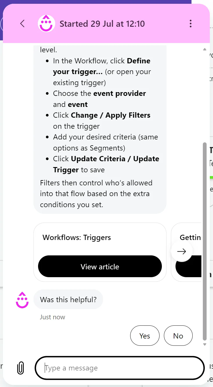 Klaviyo vs Drip: A help chat window with workflow instructions is open. The chat asks, Was this helpful? followed by Yes and No buttons. The background shows a partially visible webpage.
