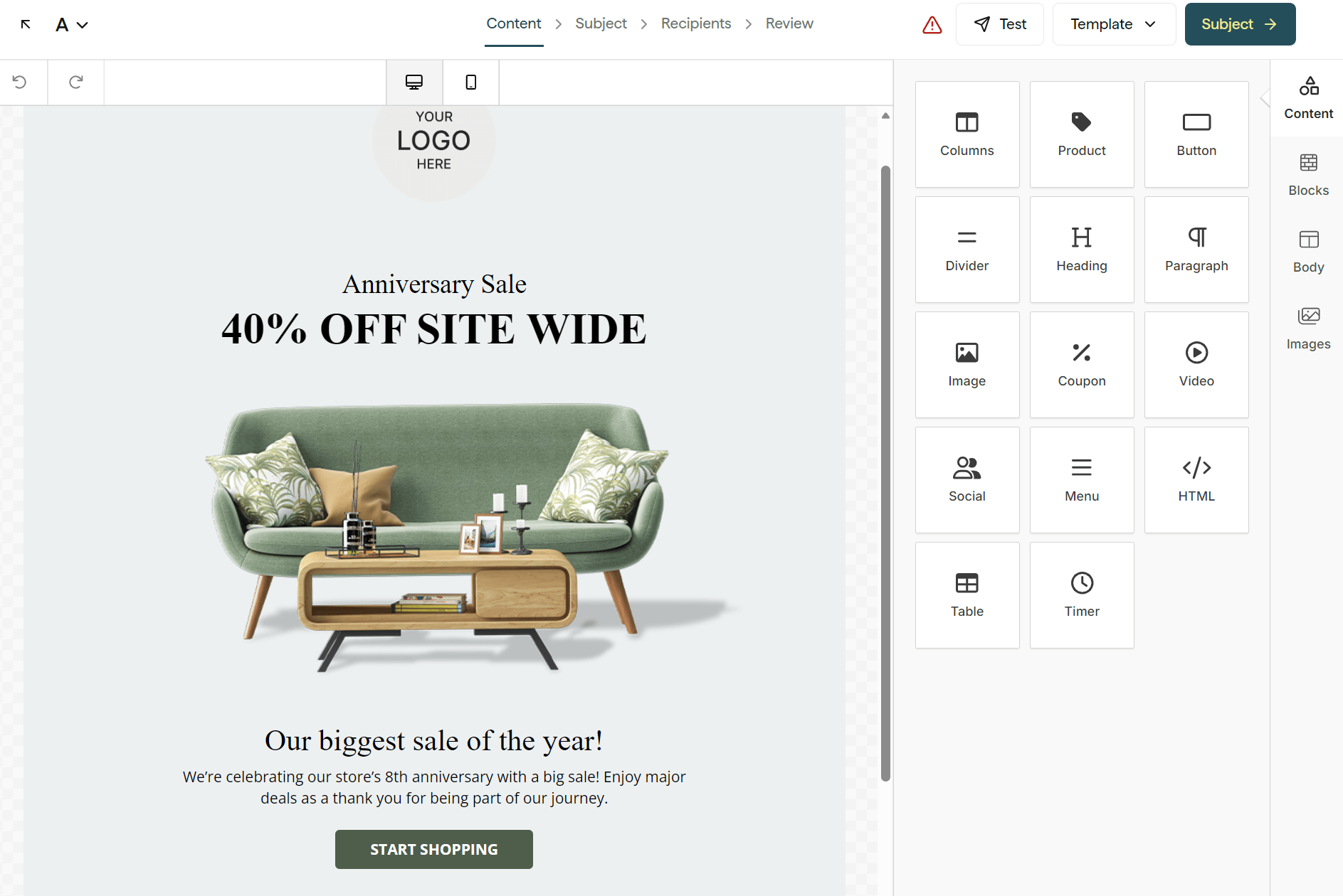 Klaviyo vs Privy: Email template editor showing a preview of a green sofa and coffee table graphic, advertising a 40% off anniversary sale, with drag-and-drop content blocks and design tools on the right side.