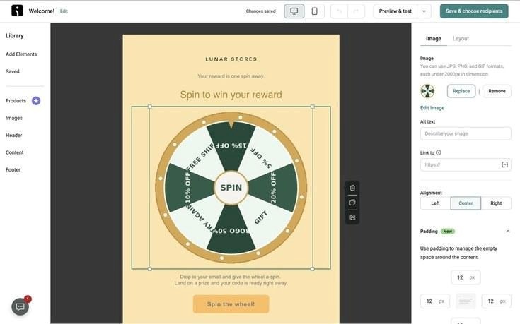 Gamification email marketing: A computer screen displays a marketing email editor with a Spin to win your reward prize wheel in the center and editing options on the right sidebar.