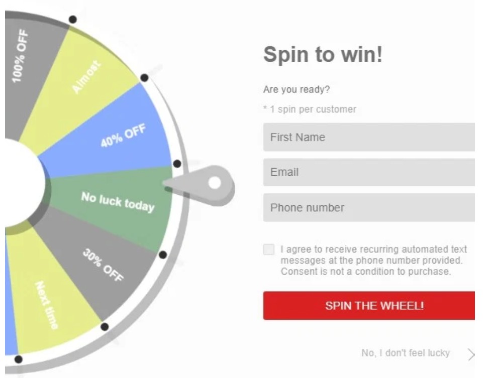 Black Friday ideas for small business: A digital prize wheel with sections like 100% OFF, 40% OFF, No luck today. A form asks for name, email, and phone, and a red button reads, SPIN THE WHEEL! on the right side.