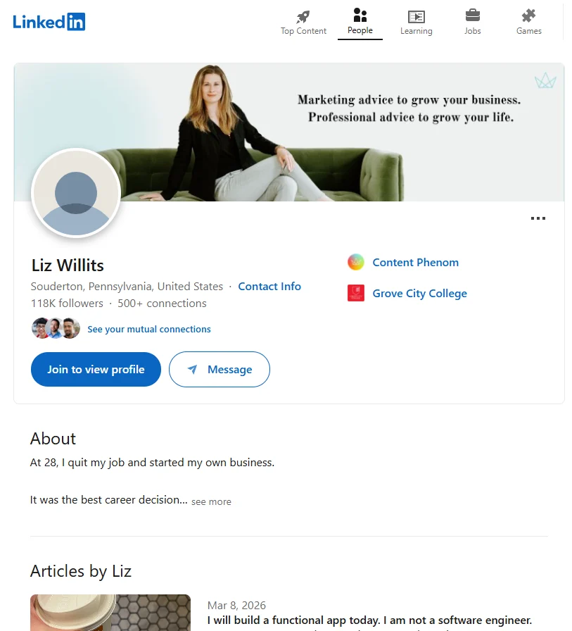 Email marketing experts: A LinkedIn profile for Liz Willits, featuring her photo on a green couch, headline about marketing advice, 118K followers, and articles including "I will build a functional app today."