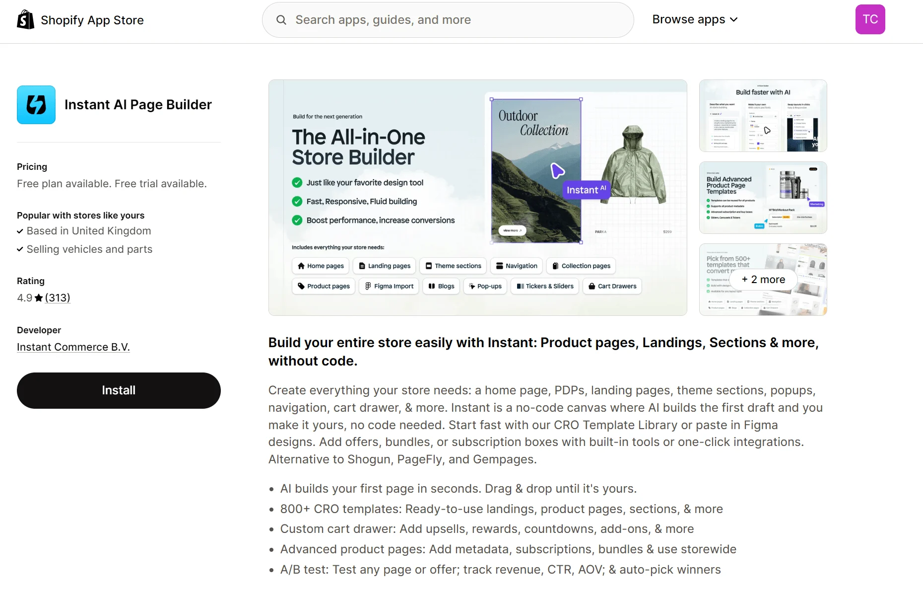 Shopify App Store page for Instant AI Page Builder, showing app details, pricing, screenshots, and installation options.