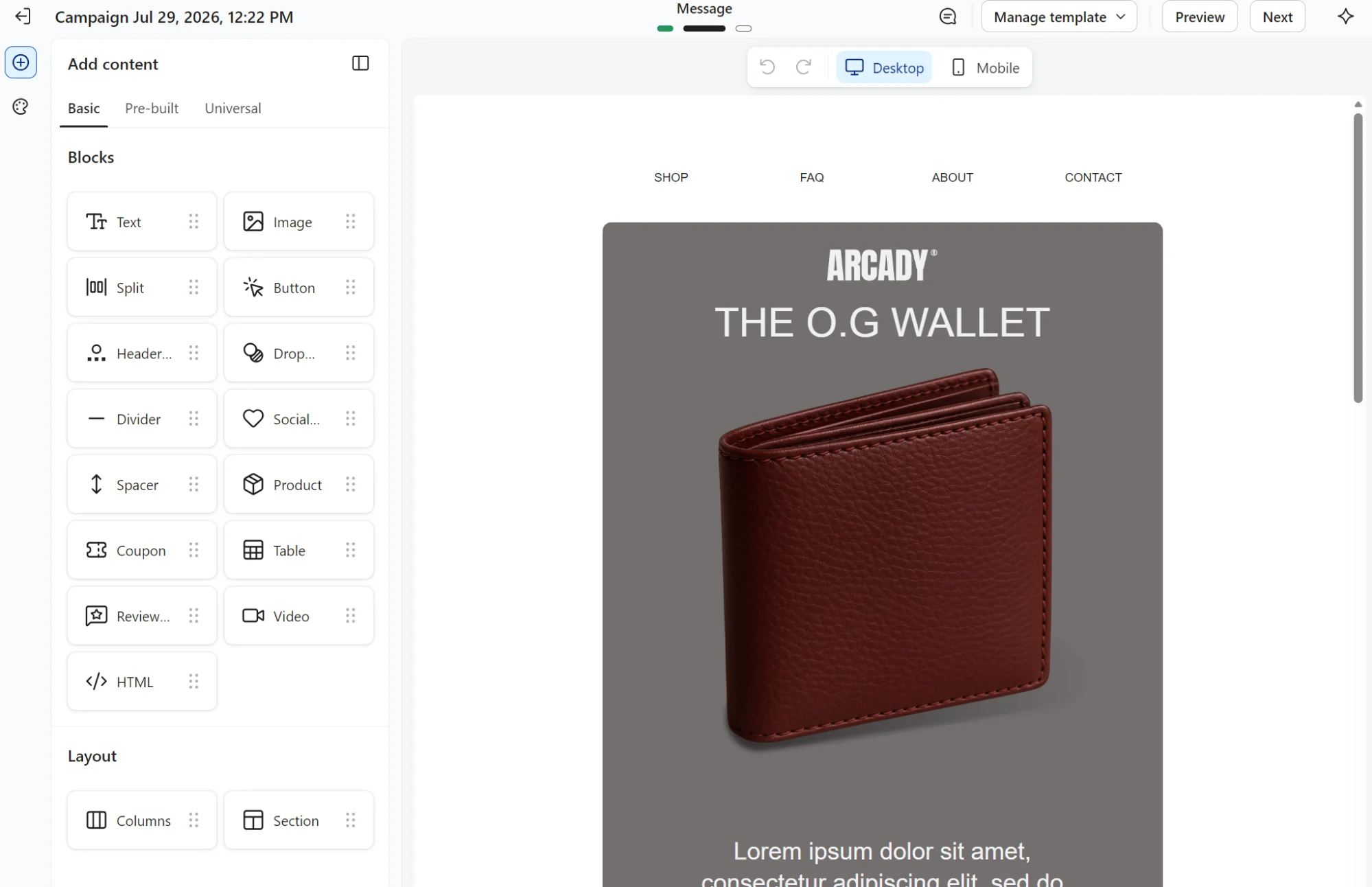 Klaviyo vs Drip: Email editor showing a campaign draft for THE O.G WALLET by ARCADY, featuring a brown leather wallet on a grey background, with placeholder text below. Editing tools and block options are visible on the left.