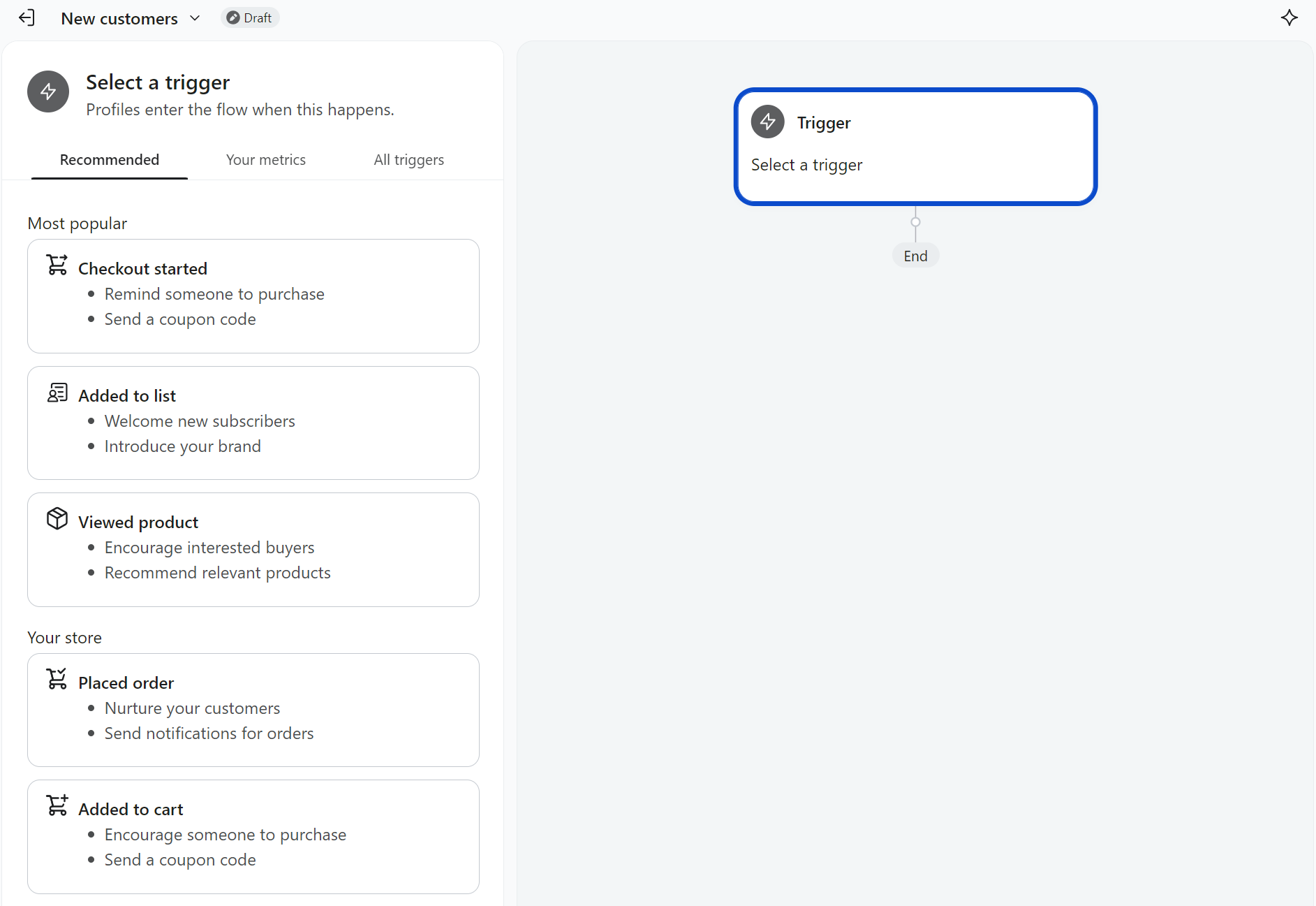 Klaviyo vs Privy: A dashboard shows trigger options for customer actions: checkout started, added to list, viewed product, placed order, and added to cart, with a highlighted Trigger box on the right.