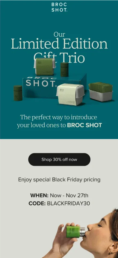 Black Friday coupon code ideas: Broc Shot Limited Edition Gift Trio display with green bottles and gift box, Black Friday 30% off promo, and a hand holding a Broc Shot bottle near a mouth.