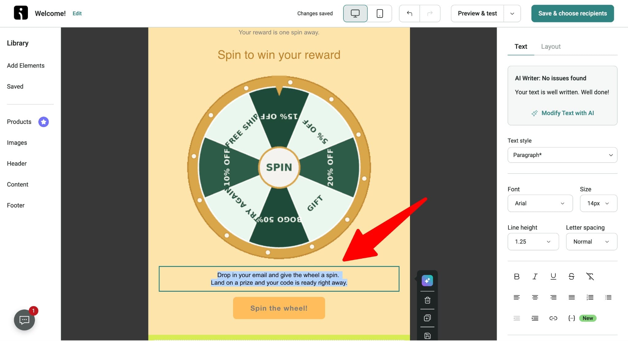 Gamification email marketing: A digital prize wheel labeled with rewards and a SPIN button. Below, a box prompts users to enter their email to spin. An arrow points to the email entry box. Editing tools appear on the right side.