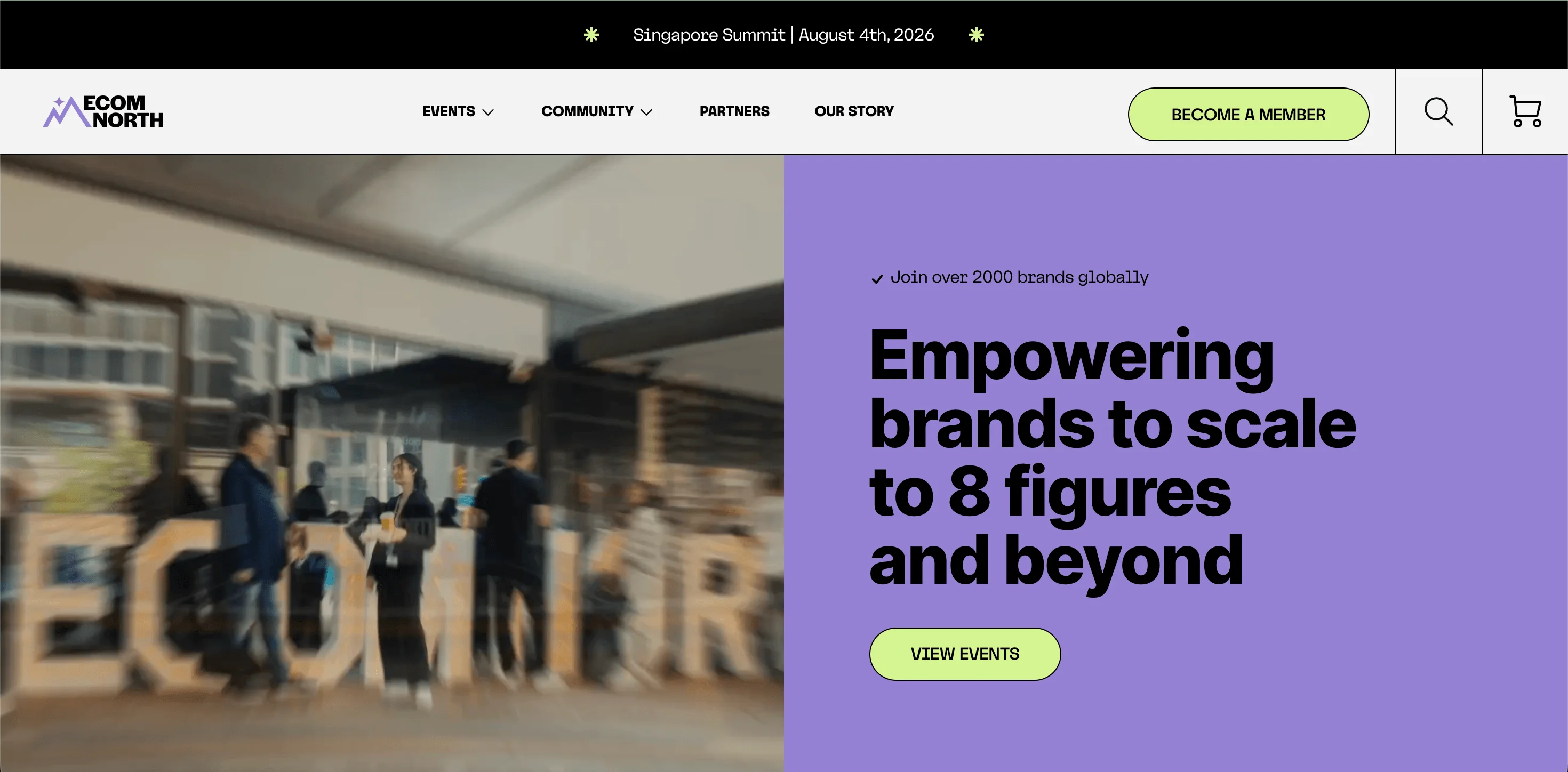 Ecommerce community: Ecom North website homepage with a blurred image of people and large letters in the background, plus bold text: Empowering brands to scale to 8 figures and beyond. A green View Events button is visible.