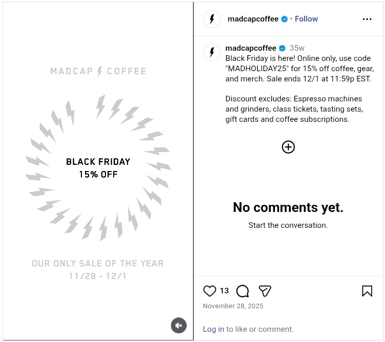Black Friday ideas for small business: Instagram post from Madcap Coffee advertising Black Friday 15% Off, with sale dates 11/28–12/1. The text highlights the discount and includes a code and sale details, with lightning bolt graphics around the main text.
