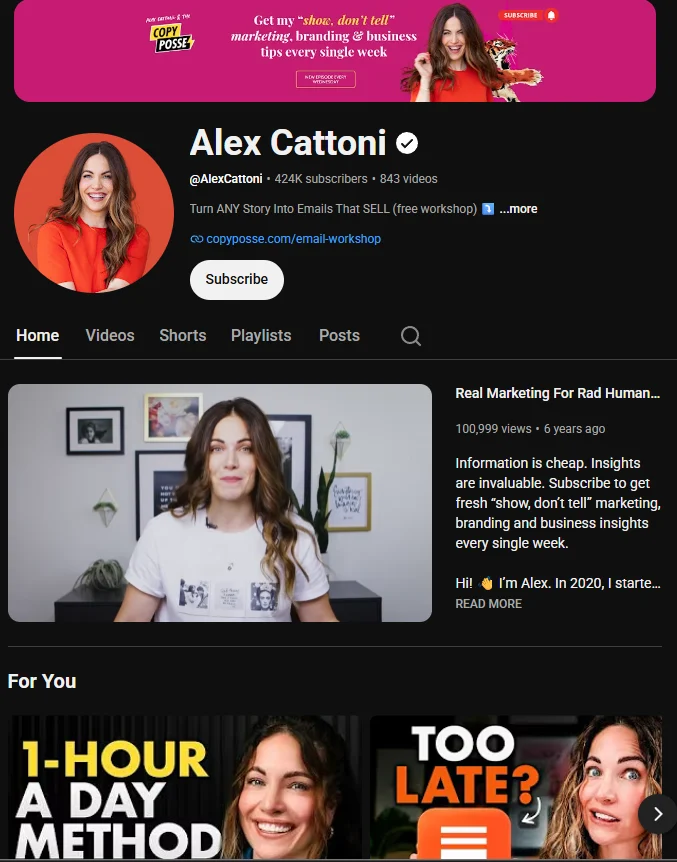 Email marketing experts: YouTube channel page for Alex Cattoni, featuring her profile photo, channel banner, a video about email marketing, and recommended videos below with bold, colorful thumbnails.