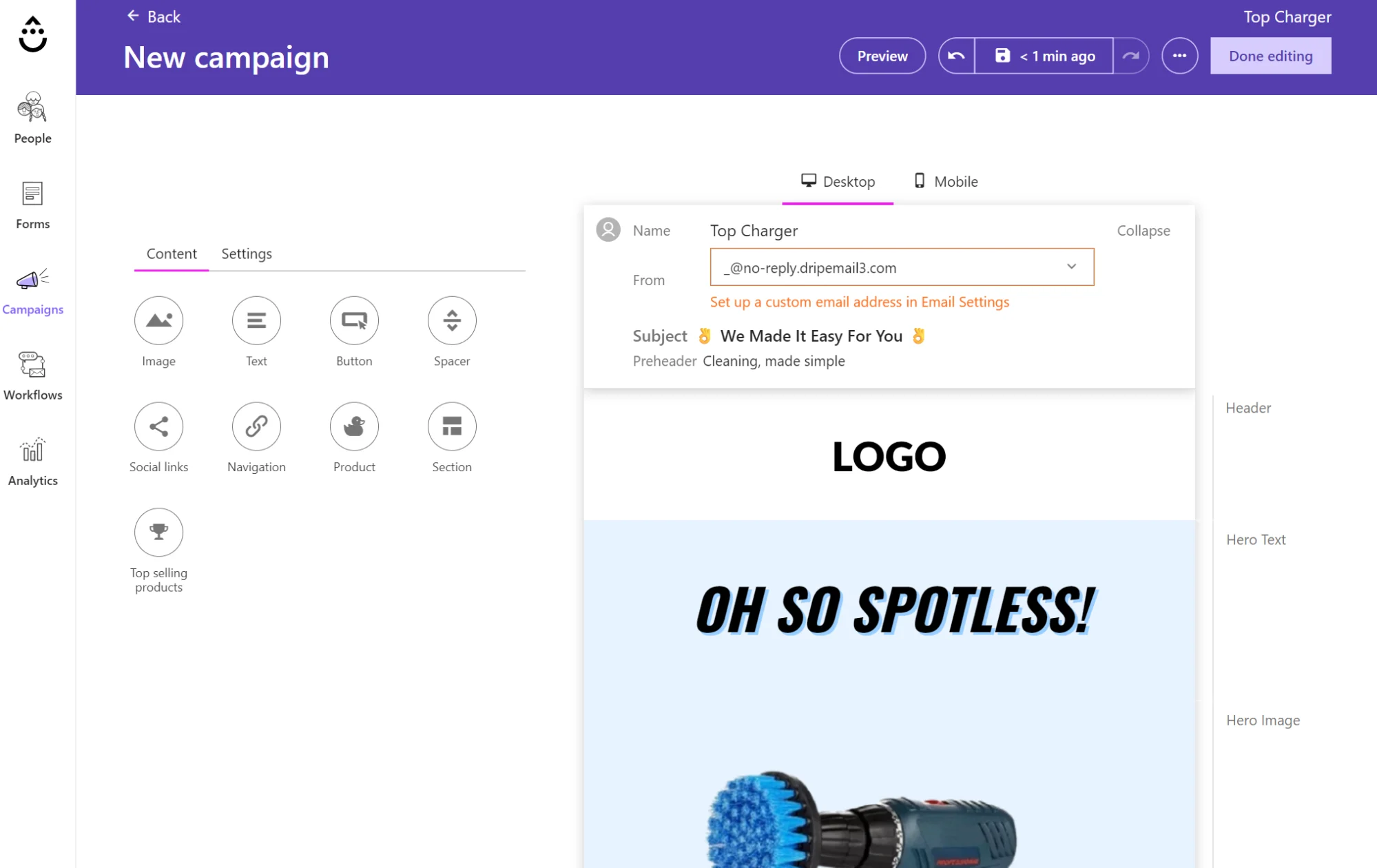 Klaviyo vs Drip: A computer screen shows an email campaign editor with a draft featuring a cleaning tool image, a subject line, and design options like image, video, and product on the left sidebar.