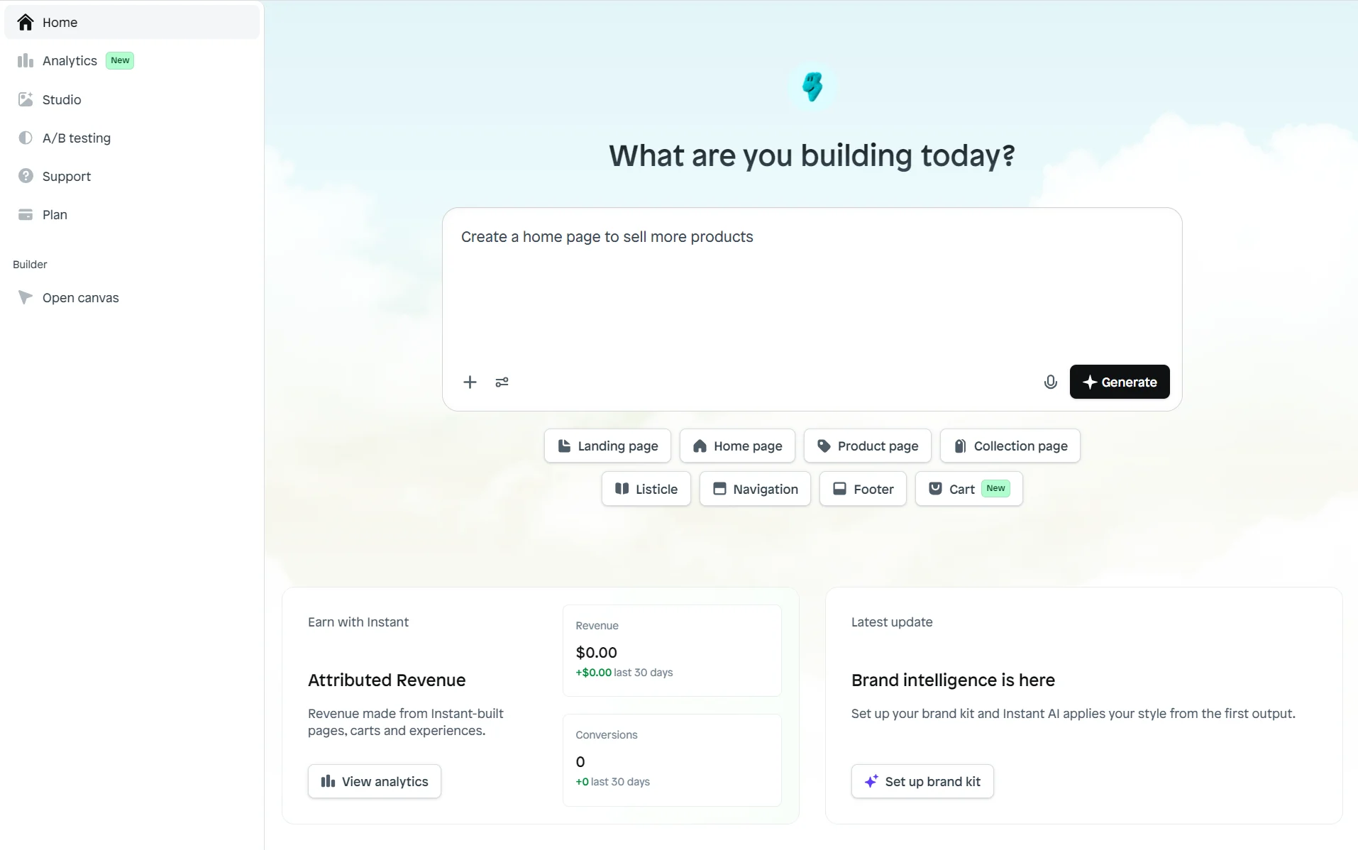 Dashboard interface with sidebar menu on the left, main content area, and options to generate various web pages.