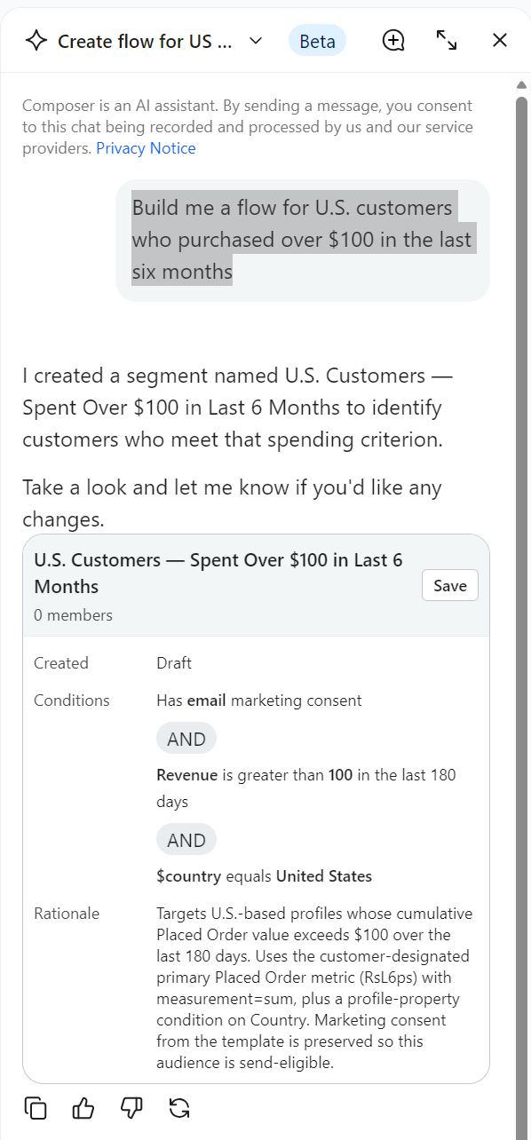 Klaviyo vs Privy: Screenshot of a message and flow setup in Klaviyo, showing a segment named U.S. Customers That Spent Over $100 in Last 6 Months with conditions set for recent spend, email consent, and U.S. location.