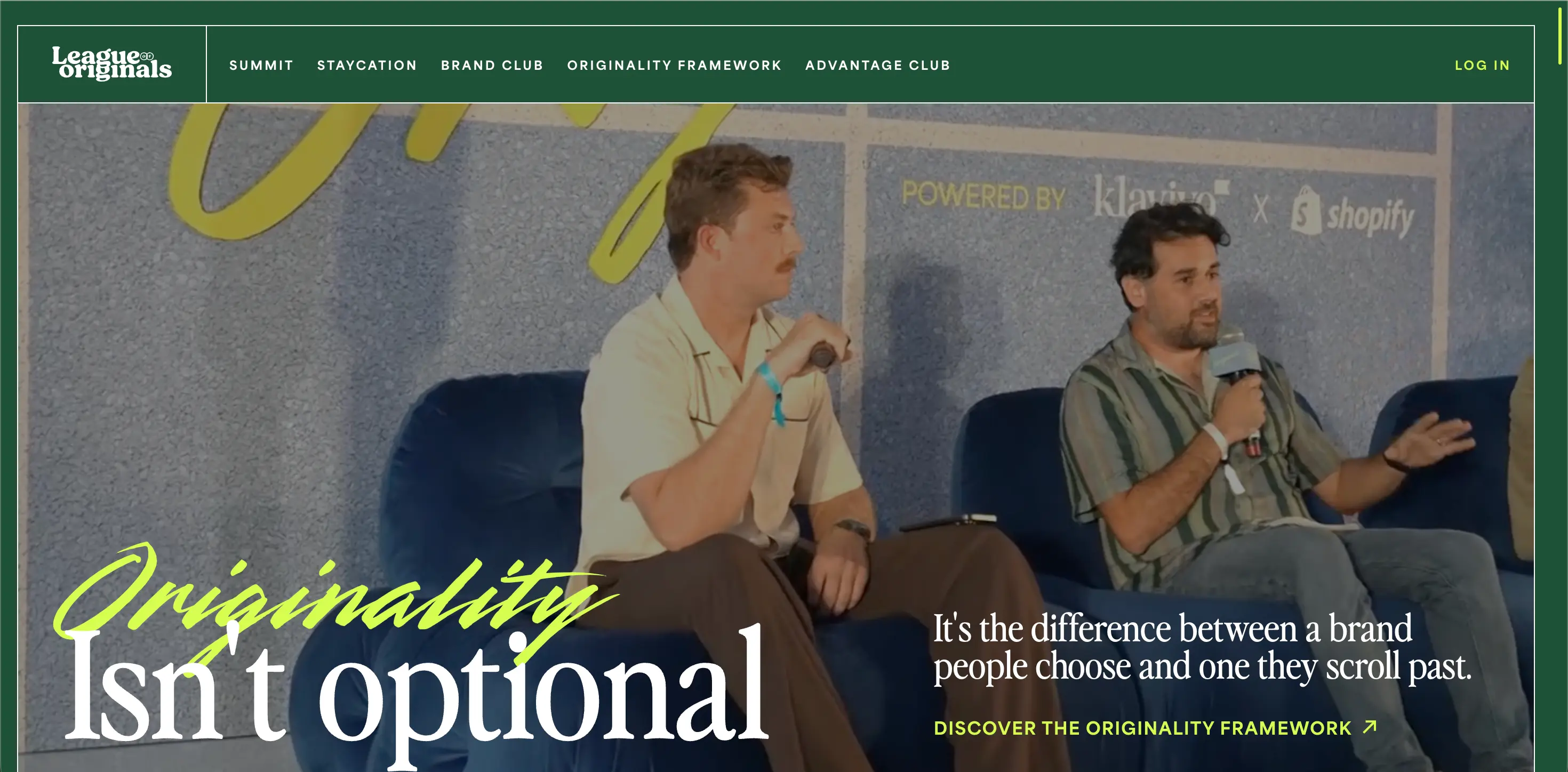 Ecommerce community: Two men sit on stage holding microphones, speaking at an event. Large text reads, Originality Isnt Optional. A caption about brand choices appears beside them. The background shows branding for Shopify and Klaviyo.