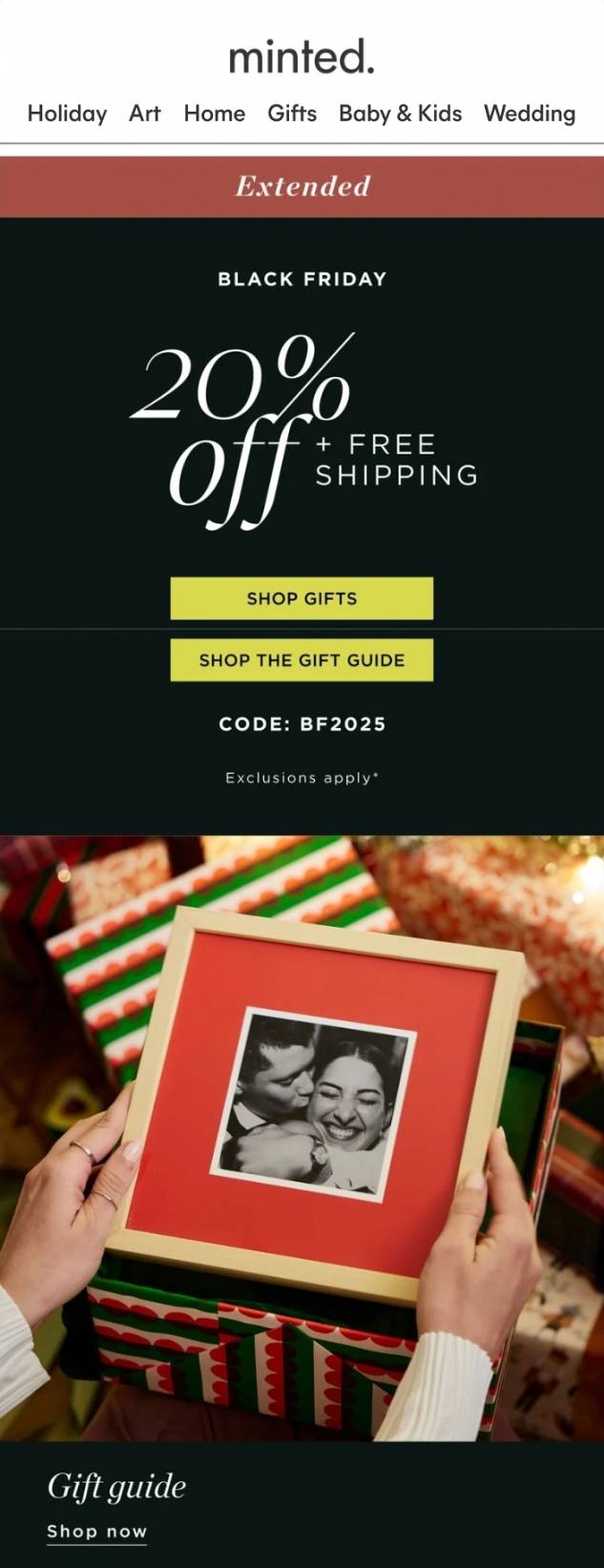 Black Friday ideas for small business: Black Friday sale ad from Minted: 20% off + free shipping. Buttons to shop gifts or gift guide. Below, hands hold a framed black-and-white photo, surrounded by wrapped holiday gifts. Gift guide link at bottom.