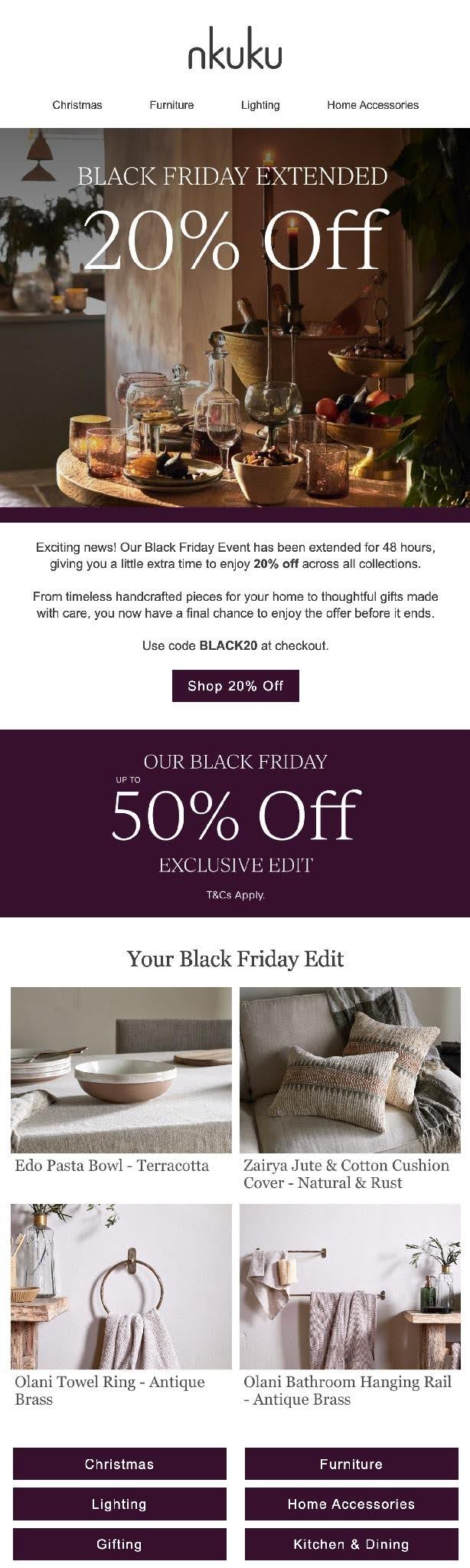 Black Friday email examples: A promotional email from nkuku announces a Black Friday sale with up to 50% off, extended for 48 hours, showcasing home decor products like bowls, cushions, towels, and a bathroom hanging rail.