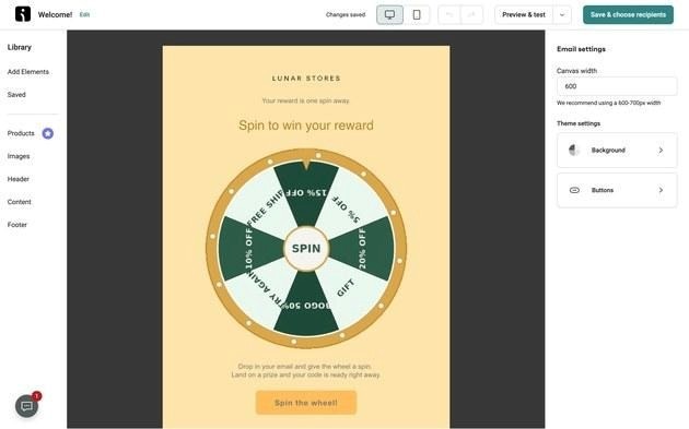 Gamification email marketing: A digital spin to win wheel on a web page offers rewards like gift cards and discounts. Below the wheel is a field to enter an email and a button labeled Spin the wheel! on an orange background.