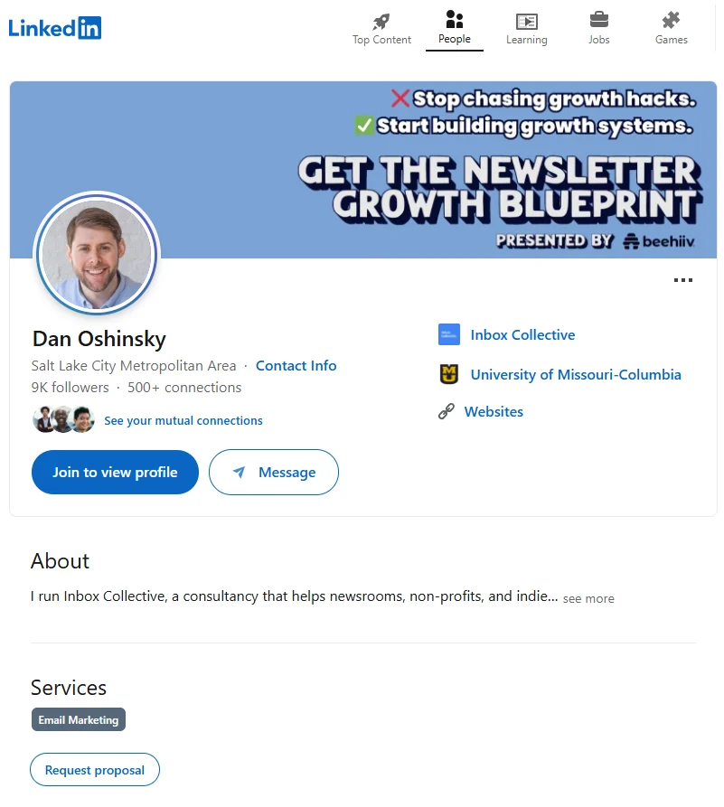 Email marketing experts: LinkedIn profile for Dan Oshinsky, showing his photo, job description, and a banner promoting The Newsletter Growth Blueprint newsletter with a beehiv logo. Inbox Collective consultancy and contact info are also visible.