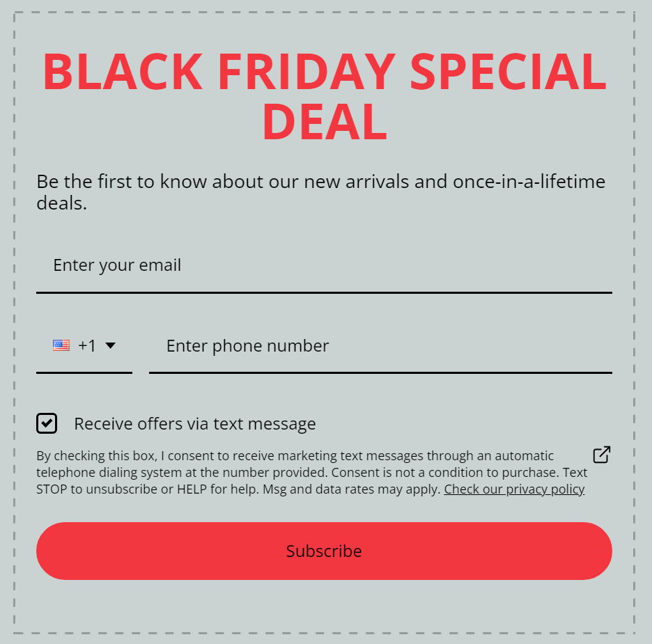 Black friday SMS: Black Friday Special Deal sign-up form with fields for email and phone number, a checkbox to receive text offers, and a red Subscribe button at the bottom.