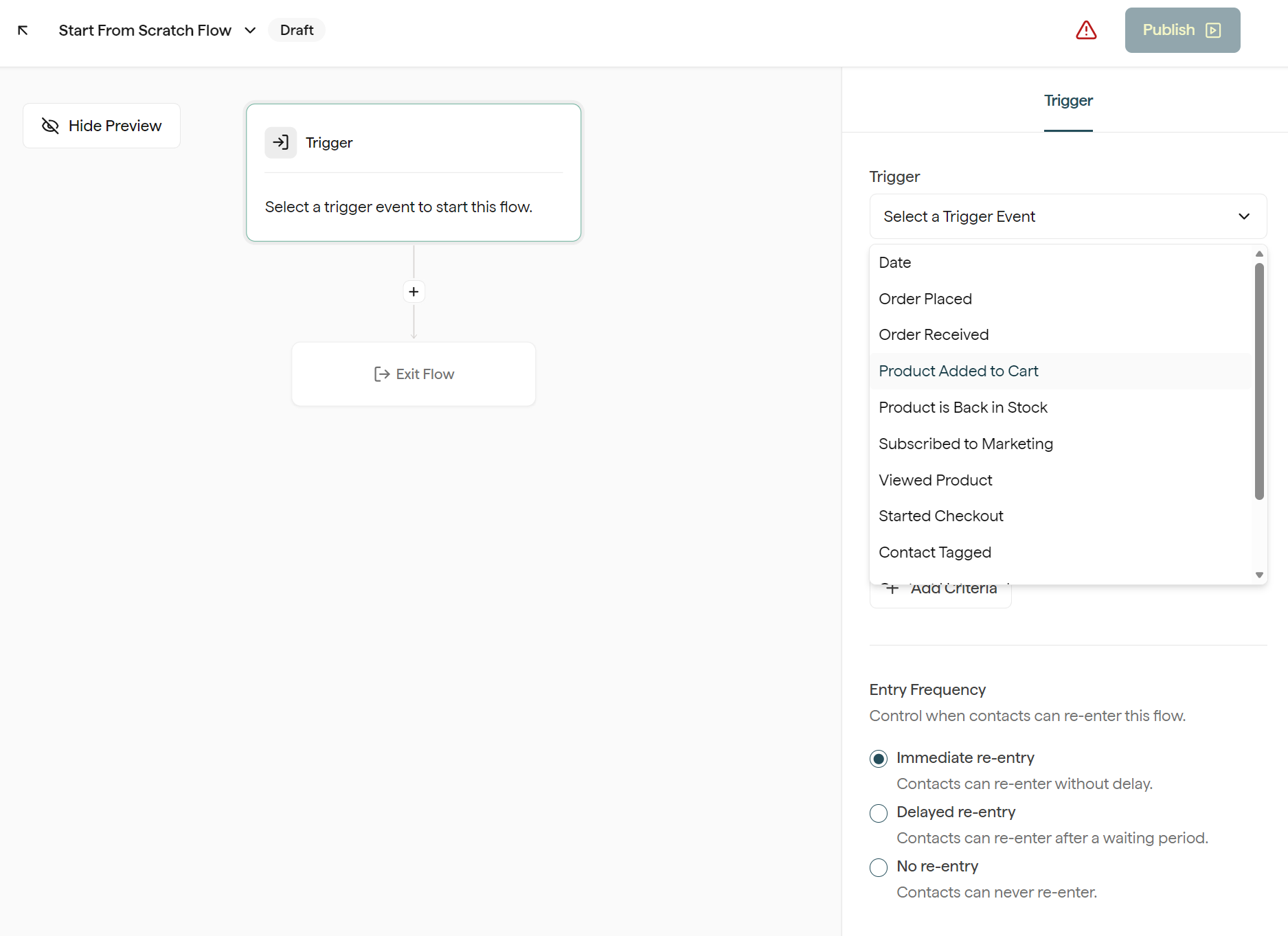 Klaviyo vs Privy: A workflow builder interface shows a trigger event dropdown menu, with Product Added to Cart highlighted. Various trigger options are listed, and flow settings are visible on the right. The Publish button is in the top right corner.
