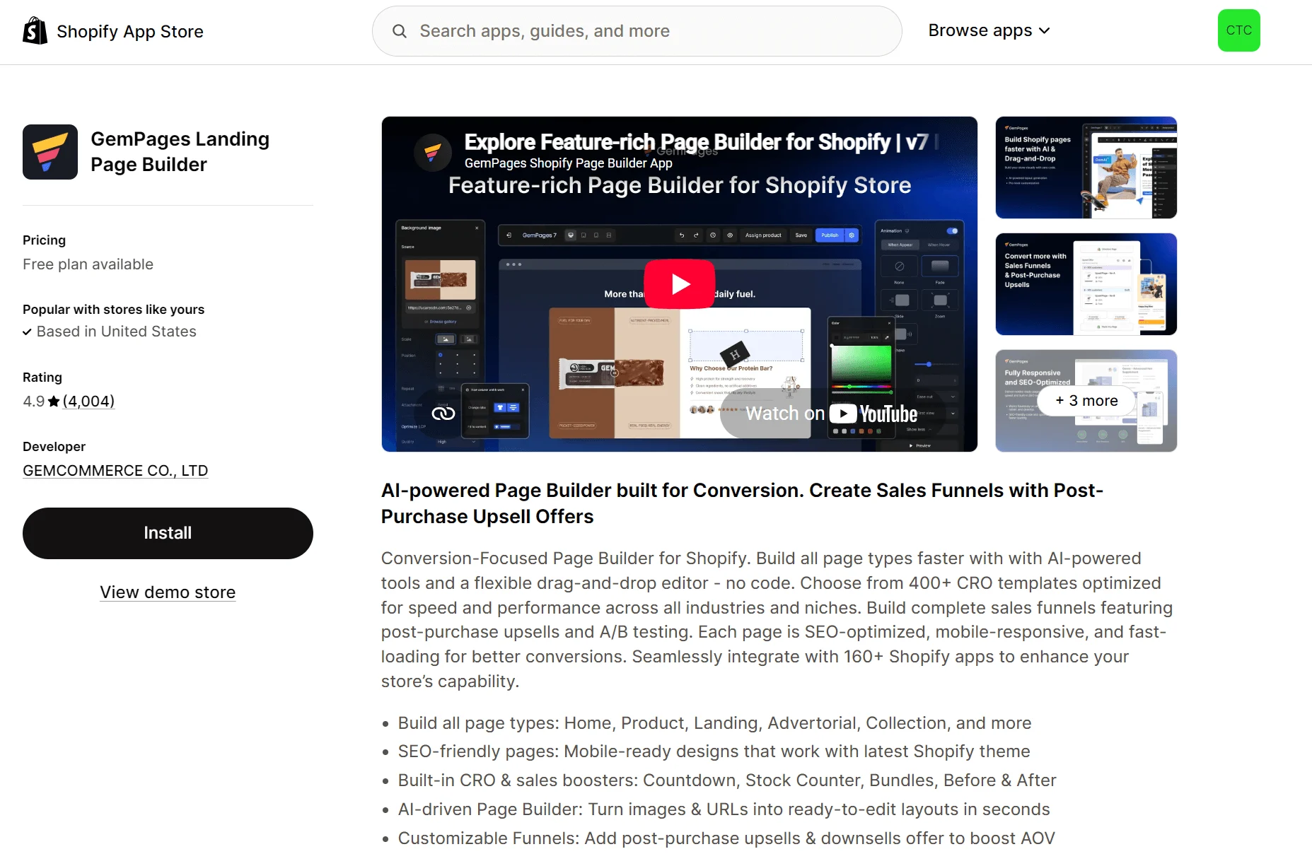 GemPages Landing Page Builder app listing on Shopify App Store, showing features, reviews, and an embedded YouTube video.