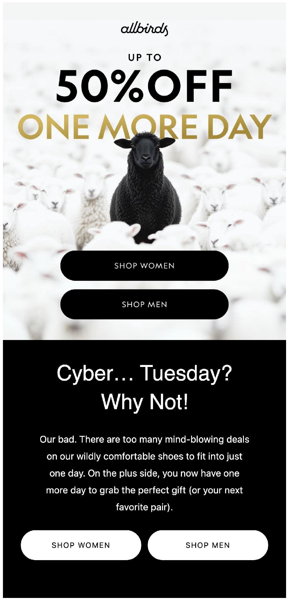 Black Friday email examples: A black sheep stands among white sheep in snow, next to text promoting 50% off one more day for Allbirds shoes, with buttons for shopping womens and mens styles.