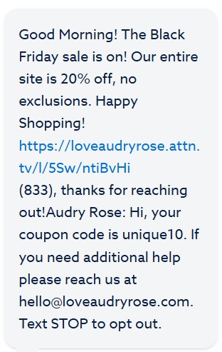 Black Friday ideas for small business: A message promoting a 20% off Black Friday sale with a website link, unique coupon code unique10, and contact info for help. Text STOP to opt out.