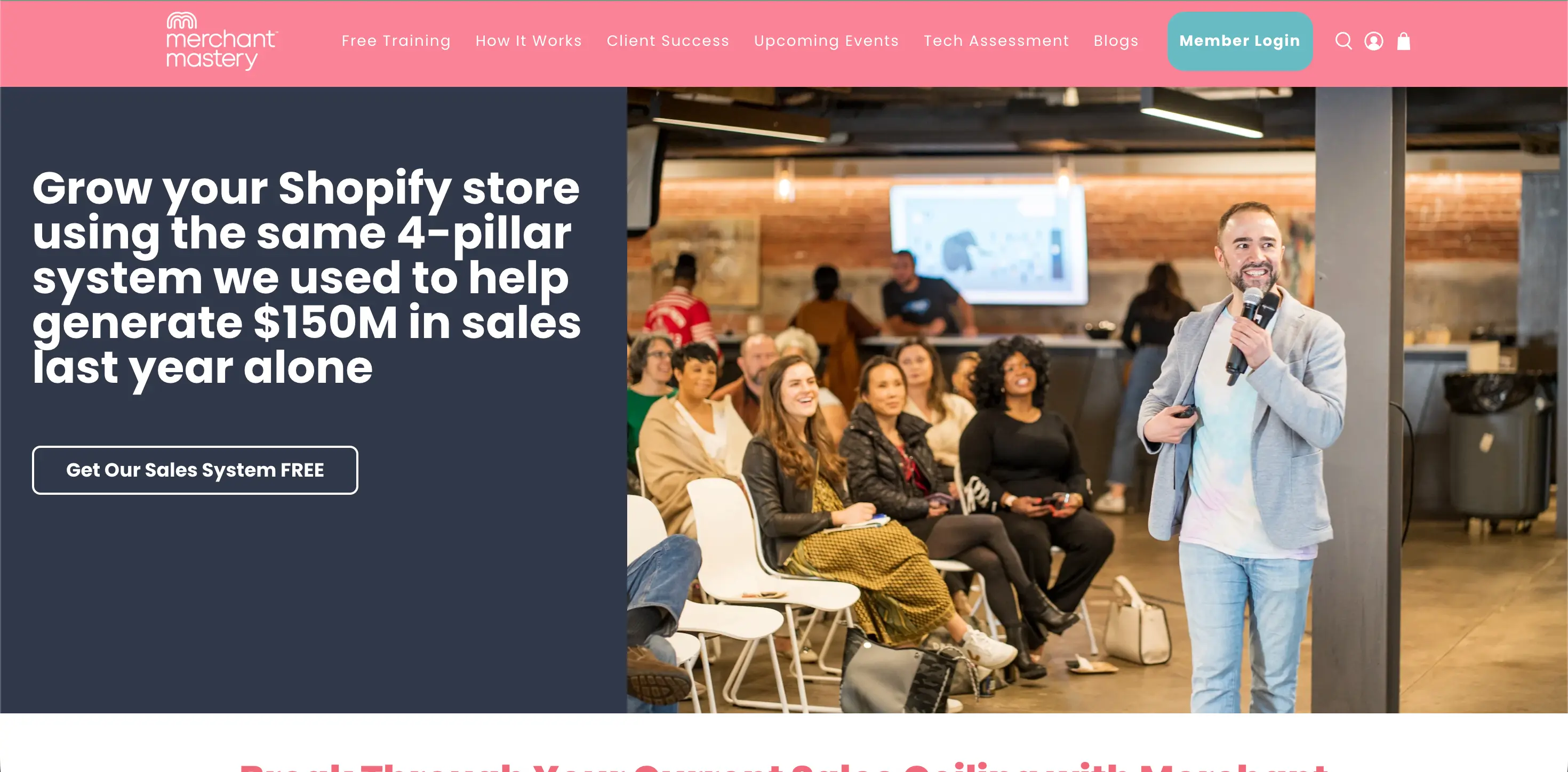 Ecommerce community: A man speaks to an audience in a modern room, holding a microphone. A presentation screen is visible behind seated attendees. Text on the image promotes Shopify sales systems.